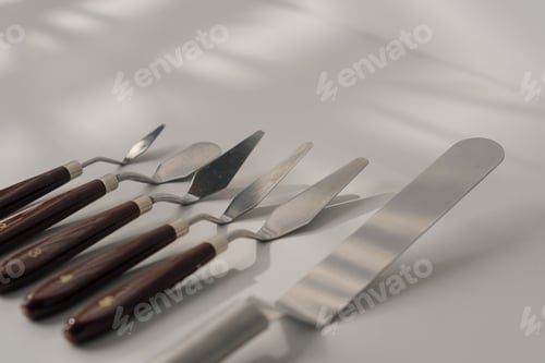 Preview: different types of pastry spatulas cooking utensils for cakes on table on white background close-up