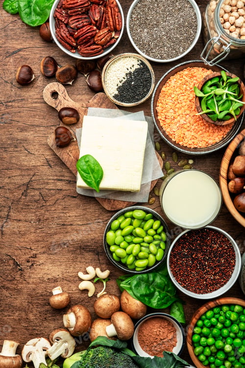 Preview: Vegan protein food background. Full set of plant based vegetarian food sources