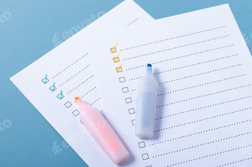 Preview: Check list with blue and orange marked points and markers on blue background