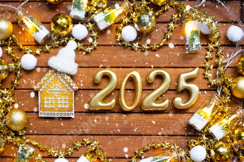 Preview: House key with tiny figure of home mock up on festive brown wooden background, lights of garlands. N