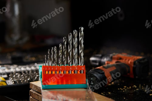 Preview: Close up of a metal drill bit set at workshop