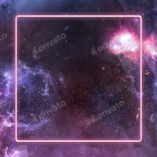 Preview: Glowing neon frame on a dark pink galaxy background