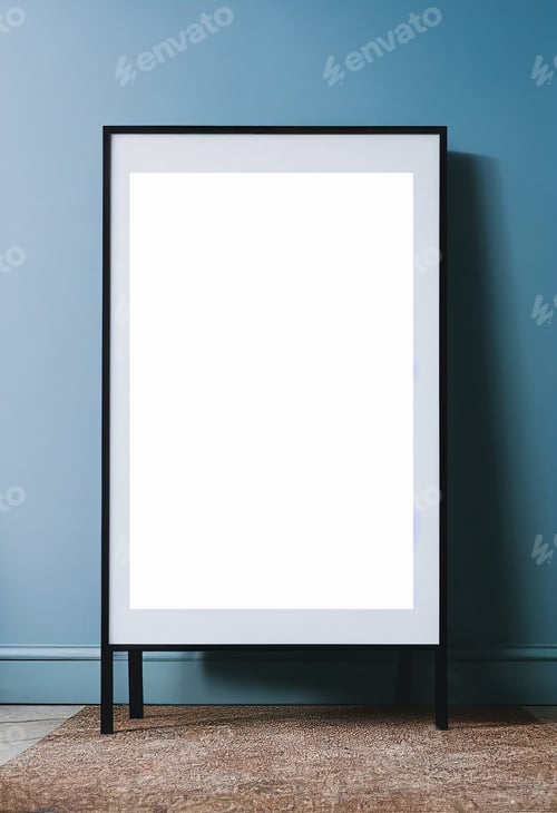 Preview: Empty white canvas art surrounded by green leaves, marble frame border, elegant minimal boho copy