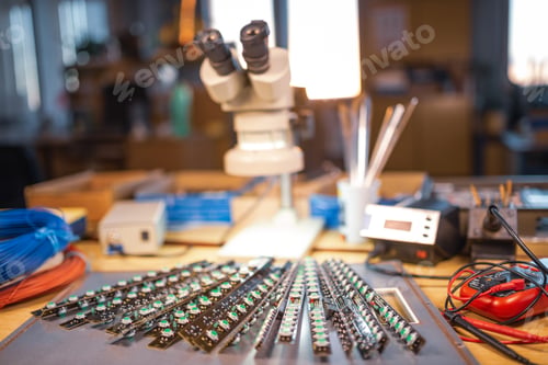 Preview: Modern microscope, Panel of LED light indicators is in the production