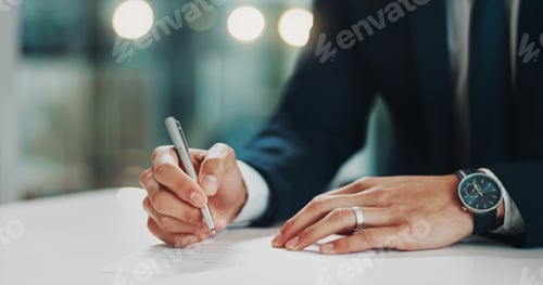 Preview: Hands, document and businessman with pen for signature in office for finance agreement, deal or app