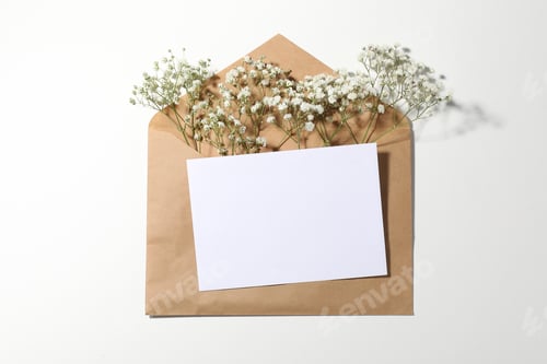 Preview: Blank card, envelope and beautiful flowers on white background, flat lay