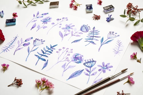Preview: Floral Watercolor Painting with Paintbrushes and Flowers