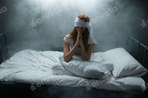 Preview: Blindfolded crazy woman in bed, psychedelic