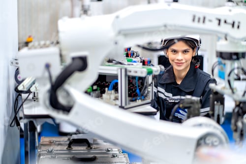 Preview: Indusrtial Robot, Engineers inspecting and check up welding robots at factory.