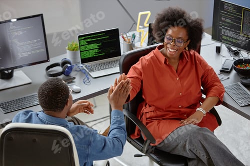 Preview: Cheerful Diverse Colleagues Rejoicing at Fixing Error