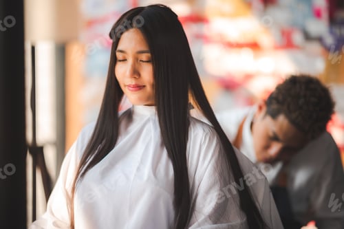 Preview: professional fashion hairdresser and hair beauty salon, hairstylist making treatment to woman client