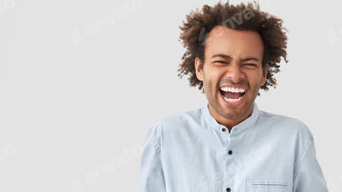 Preview: Comic mixed race young male has fun with friends, tell each other anecdotes, has toothy smile, frown