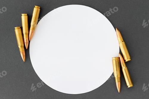 Preview: Bullets at white circle on gray background. Cartridges 7.62 caliber for Kalashnikov assault rifle
