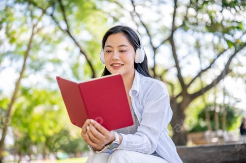 Preview: Asian woman listening to music in headphone and reading a book while sitting on bench in garden park