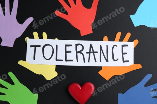 Preview: Card with word Tolerance and colorful paper hands on black background, flat lay