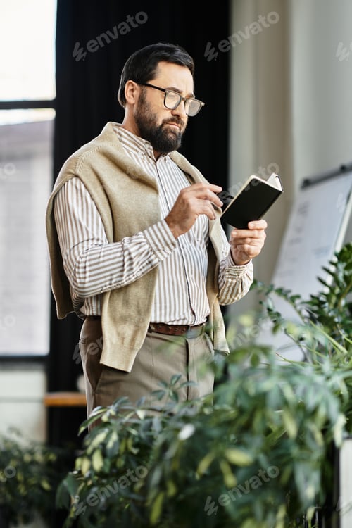 Preview: Elderly man in casual attire takes notes among vibrant plants in a well lit room