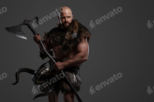 Preview: Viking man in a beard and bald head against a gray background