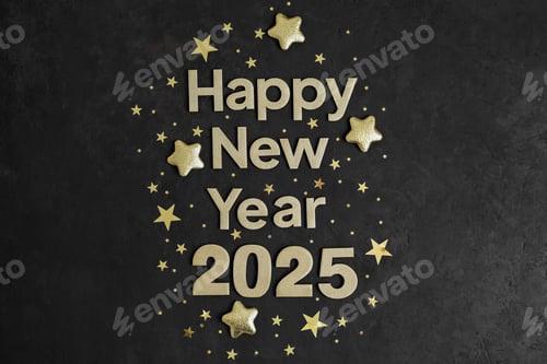 Visualização: Letras douradas Feliz Ano Novo 2025 com estrelas douradas em um fundo preto. Cartão de Ano Novo