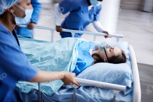 Preview: Surgery, emergency and running with doctors and patient in hospital for medical, accident and crisi