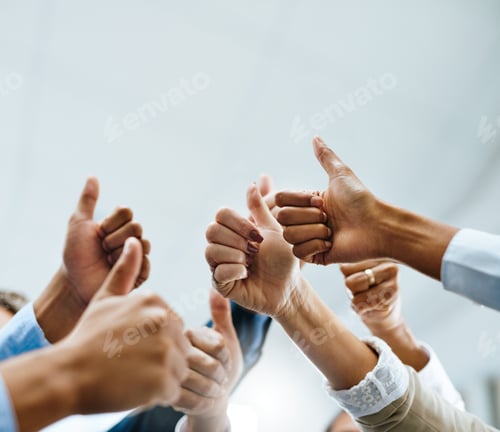 Preview: Shot of a group of unrecognisable businesspeople showing thumbs up in an office