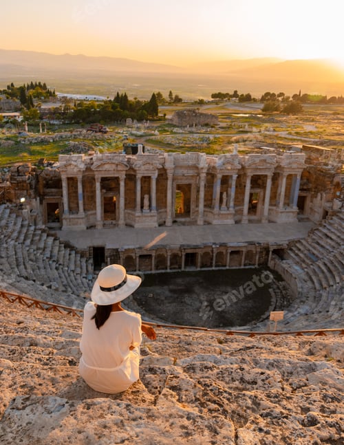 Preview: Hierapolis ancient city Pamukkale Turkey, young woman with hat watching sunset by the ruins Unesco