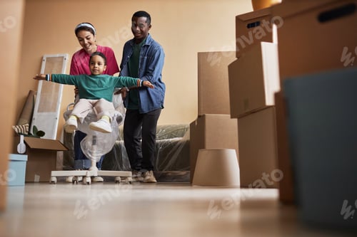 Preview: Cheerful young intercultural family having fun during relocation