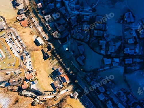 Preview: Drone view of town in morning sunlight