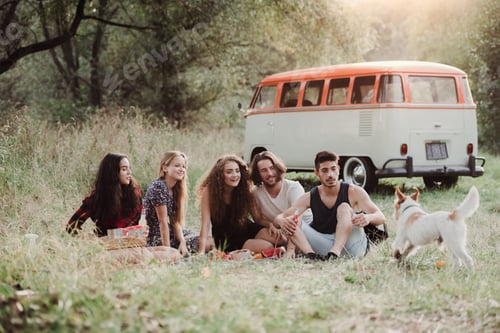 Preview: A group of young friends with a dog sitting on grass on a roadtrip through countryside.
