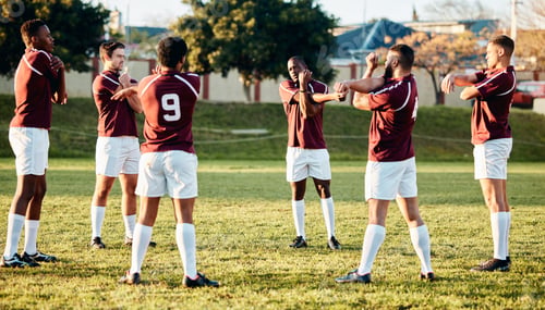 Preview: Rugby, sports and warm up with a team getting ready for training or a competitive game on a field.