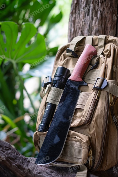 Preview: machete knife and a hiking backpack rest on a log.