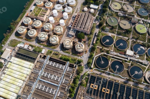 Preview: Sha Tin, Hong Kong 10 April 2021: Top view sewage treatment plant in Hong Kong