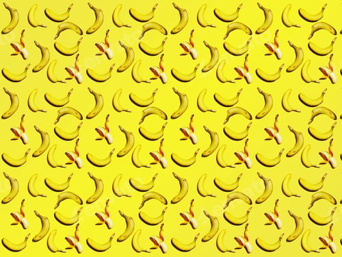 Preview: A pattern from a whole ripe and peeled bananas isolated on a yellow gradient background