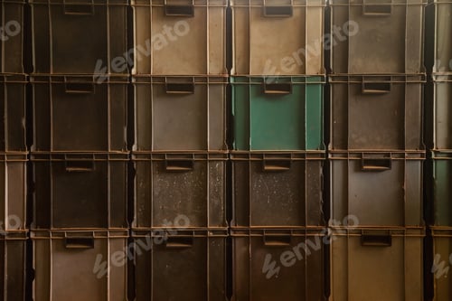 Preview: Warehouse in factory. Full frame rows of plastic containers for packaging