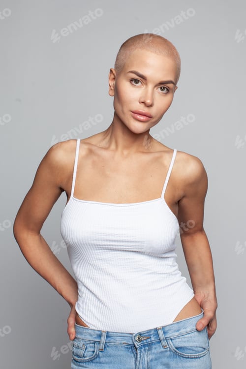 Preview: attractive butch haircut female in casual style wear