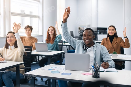 Preview: Portrait of diverse students raising hands at modern classroom