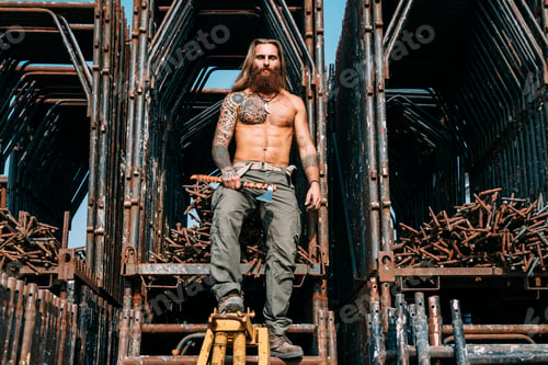 Preview: Man with axe by steel storage
