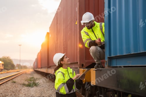 Preview: Foreman checking freight train and container inventory for logistics, import, and export.