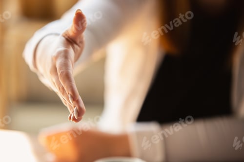 Preview: Close up of caucasian female hands, working in office, business, people