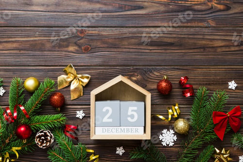 Preview: Christmas calendar 25 december. Christmas gift, fir branches, pine cones