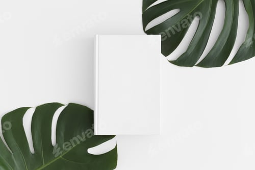 Preview: Top view of a white book mockup with monstera leaf decoration on a white table.