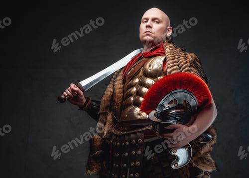Preview: Bald legionary with fur holding helmet with sword
