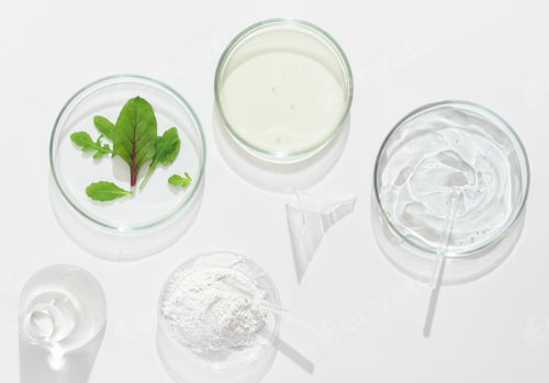 Visualização: pesquisa cosmética natural em um laboratório, placas de Petri e vidraria de laboratório com meio