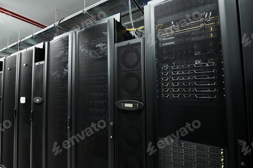 Preview: Advanced server room with high-tech hardware supporting cloud computing activities.