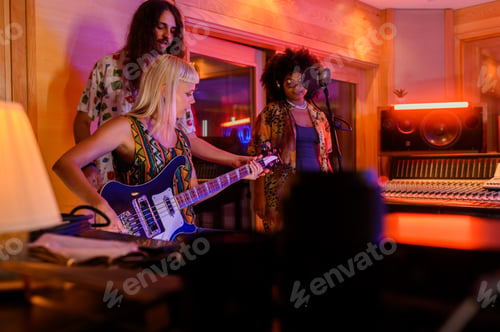 Preview: Three multicultural musicians preparing for recording session in music studio.