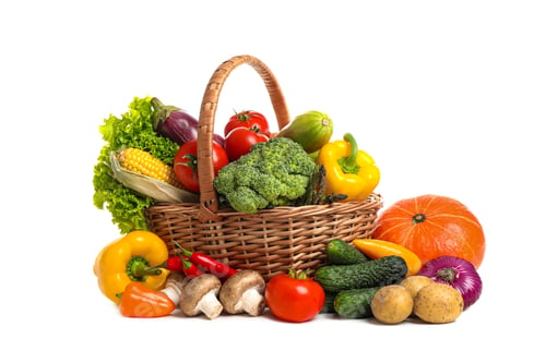 Preview: Wicker basket with fresh vegetables on white background