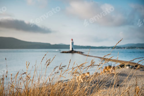 Preview: Sea autumn landscape. An old lighthouse with a red roof on a pebble beach.
