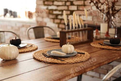 Preview: Wooden table decorated for Halloween in kitchen