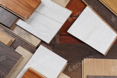 Preview: Different samples of wooden flooring as background, flat lay