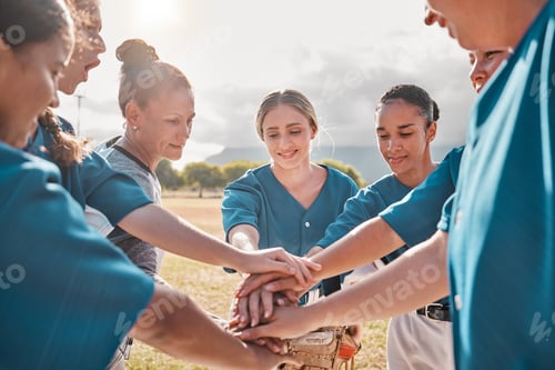 Preview: Women support, motivation hands and sports game on field, team collaboration in sport event and div