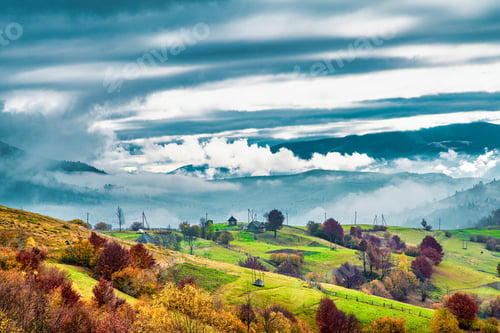 Preview: Beautiful nature of the carpathians in the hills of the sky, forests and a small village